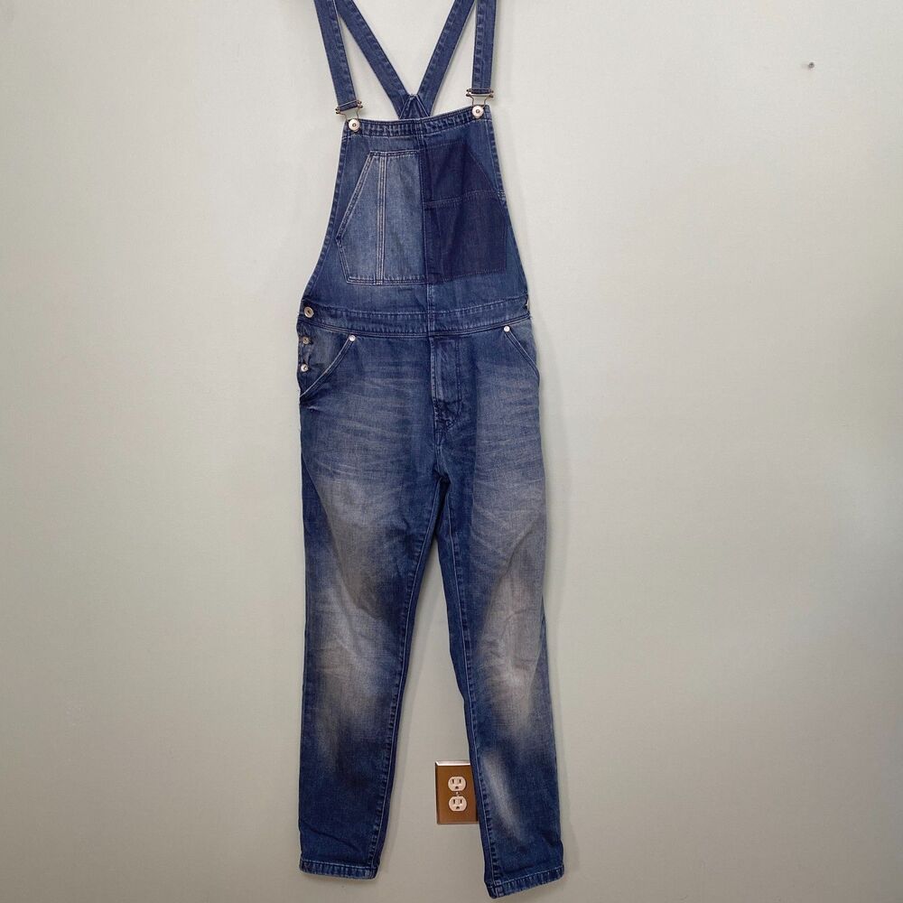 Zara Man Denim Overalls Straight Leg Distressed Cotton Mens Medium Blue Workwear